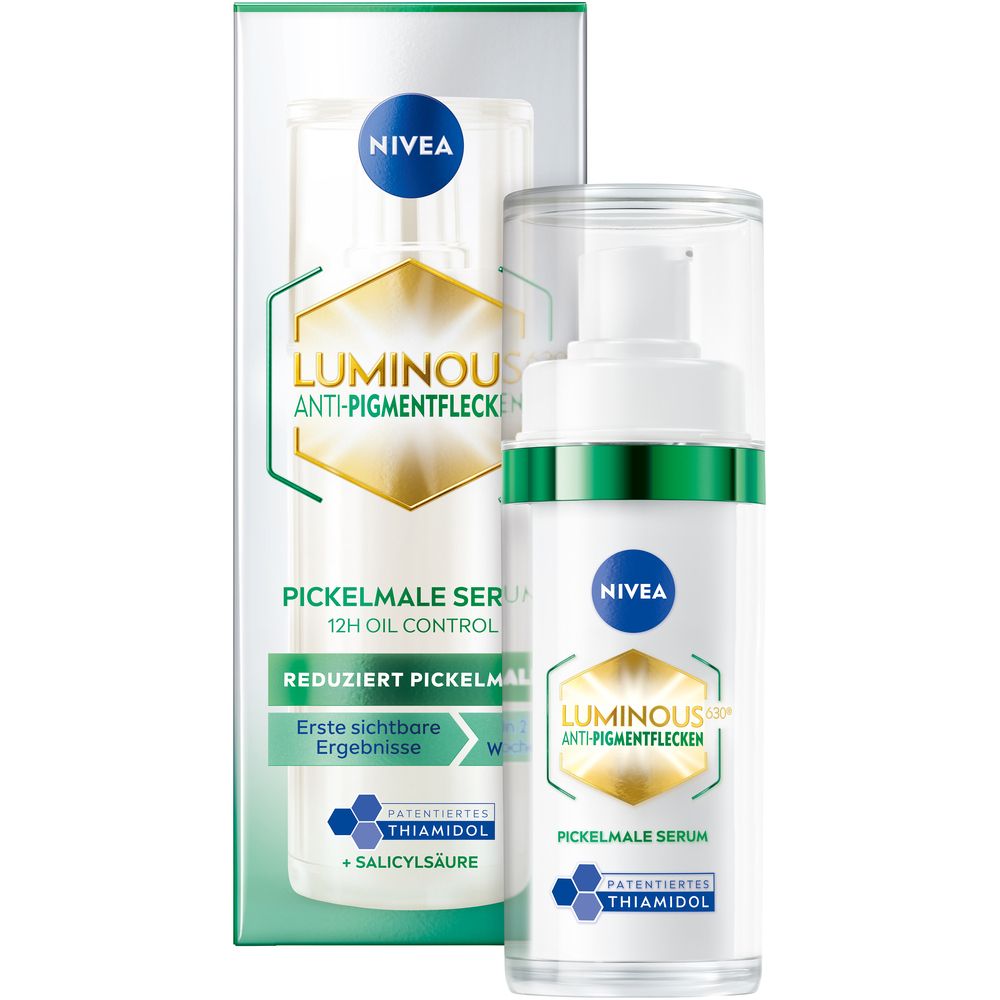 NIVEA LUMINOUS630® Anti-Pigmentflecken Pickelmale Serum mit Spender und Verpackung.