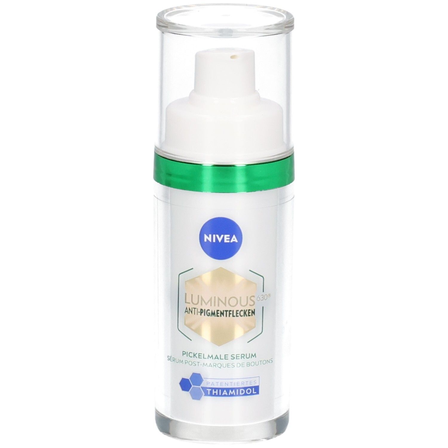 Weißes Serumfläschchen mit grünem Ring und transparentem Deckel. NIVEA, LUMINOUS630® und Anti-Pigmentflecken-Logo.