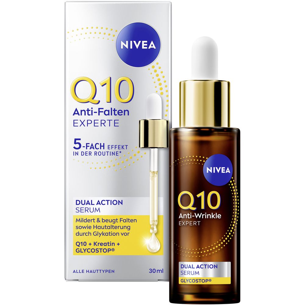 NIVEA Q10 Anti-Falten EXPERTE Dual Action Serum mit Pipette und Verpackung.