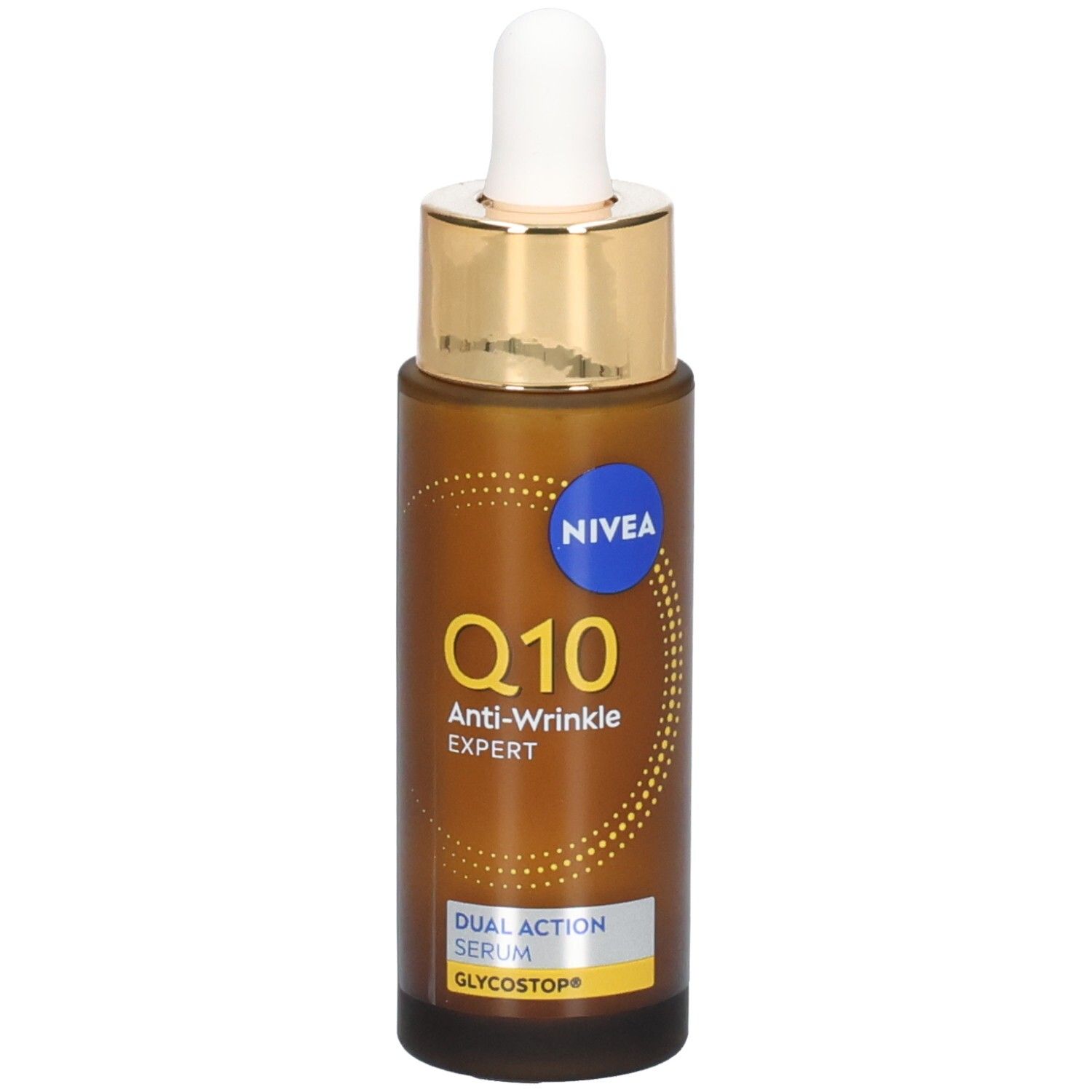 Braune Flasche mit goldener Kappe und Pipette. Aufschrift: NIVEA Q10 Anti-Wrinkle Expert Serum.