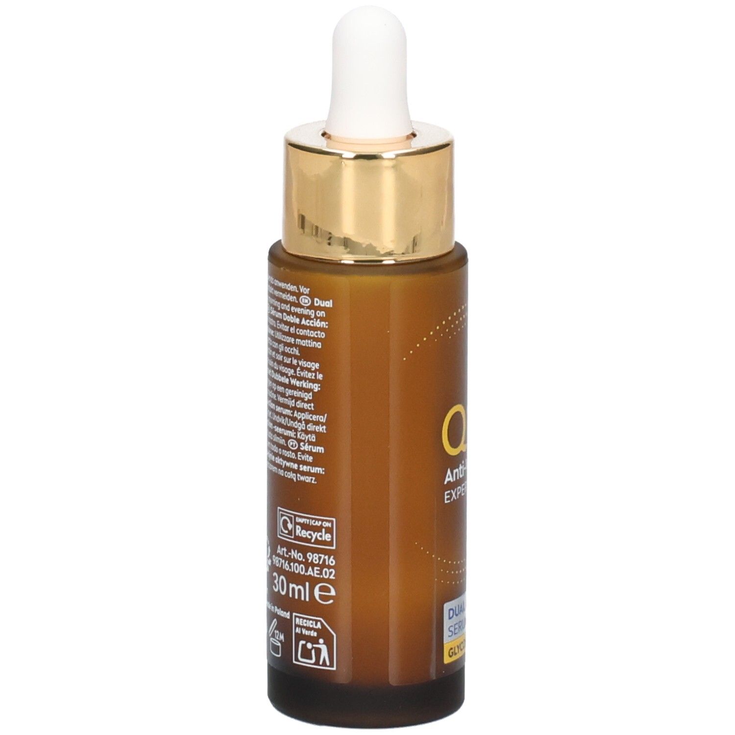 Braune Flasche mit Text. Aufschrift: NIVEA, Q10 Anti-Wrinkle Expert, 30ml, Recycle-Symbol.
