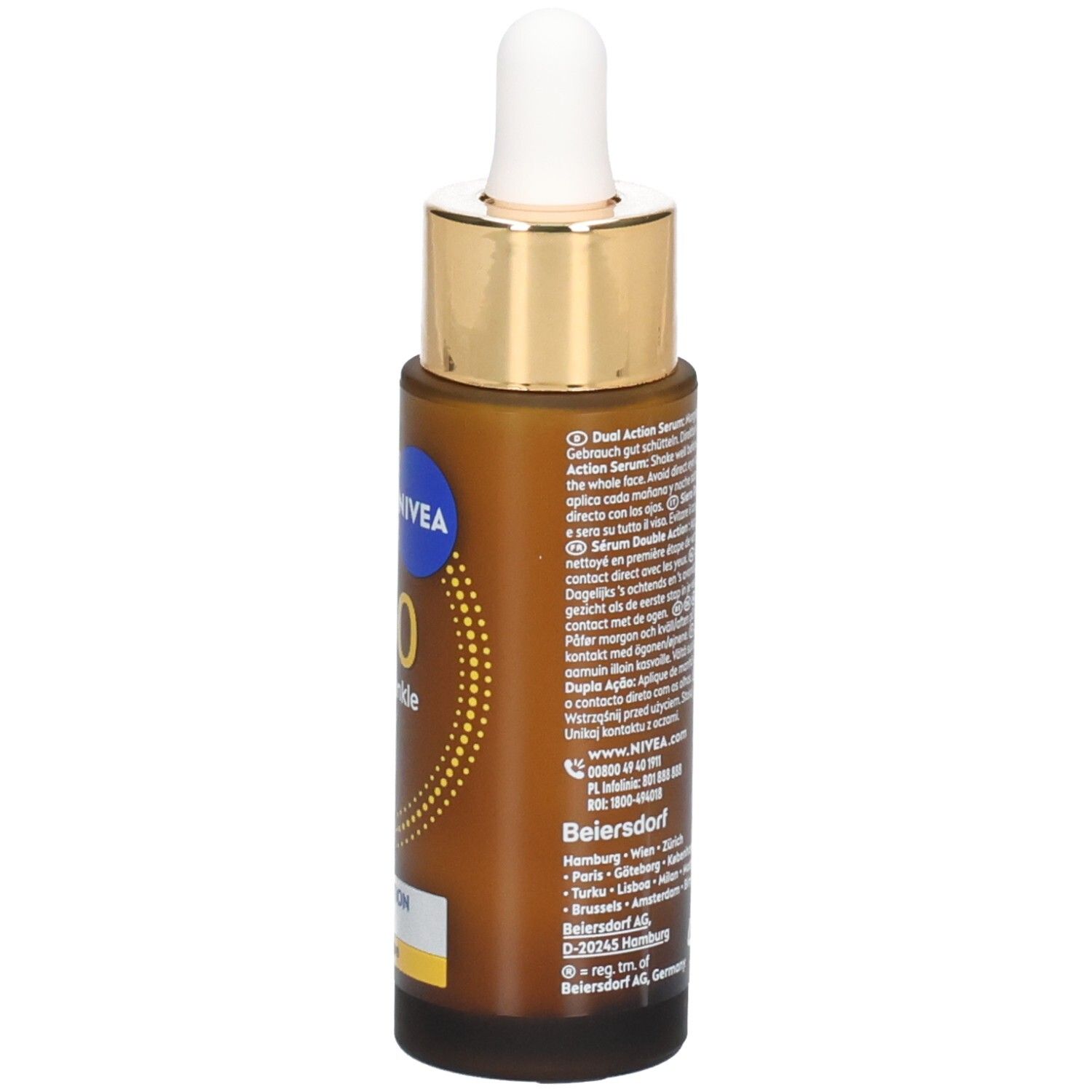 Braune Flasche mit Text. Aufschrift: NIVEA, Q10 Anti-Wrinkle Expert, 30ml, Recycle-Symbol.