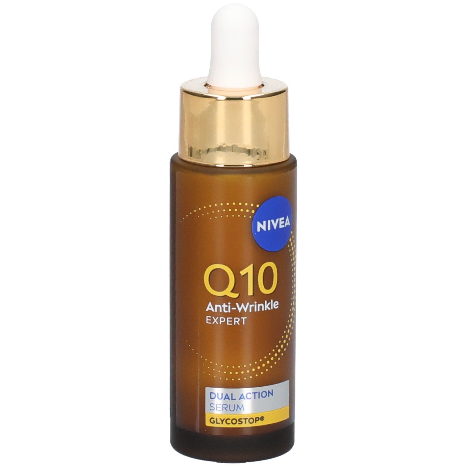 Braune Flasche mit goldener Kappe und Pipette. Aufschrift: NIVEA Q10 Anti-Wrinkle Expert Serum.