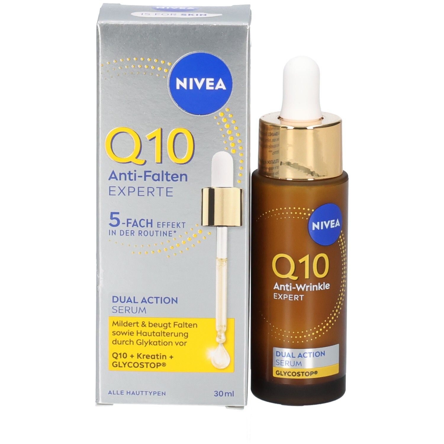 Produkt und Verpackung. Aufschrift: NIVEA Q10 Anti-Falten Experte, 5-fach Effekt, Serum, 30ml.