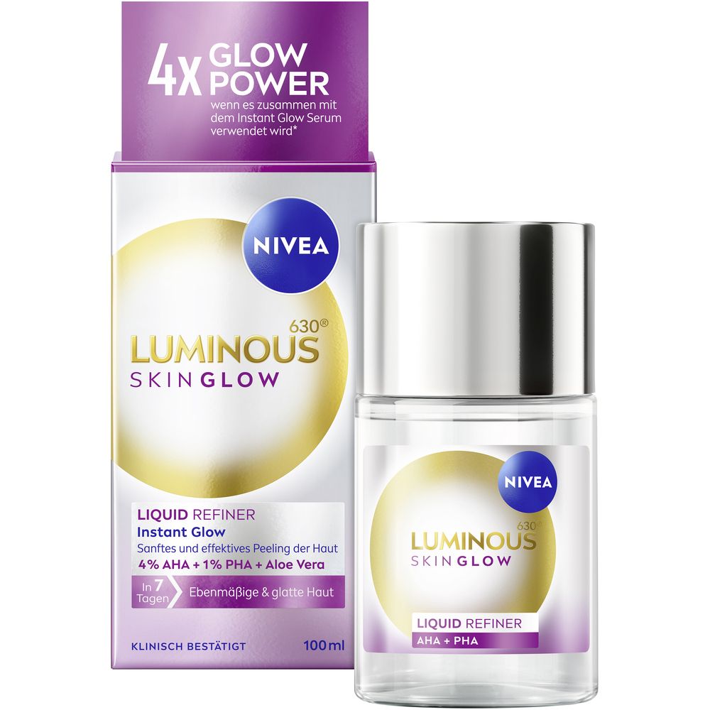 NIVEA LUMINOUS630® Skin Glow Liquid Refiner Flasche und Karton. Mit silbernem Deckel und gold-lila Etikett.