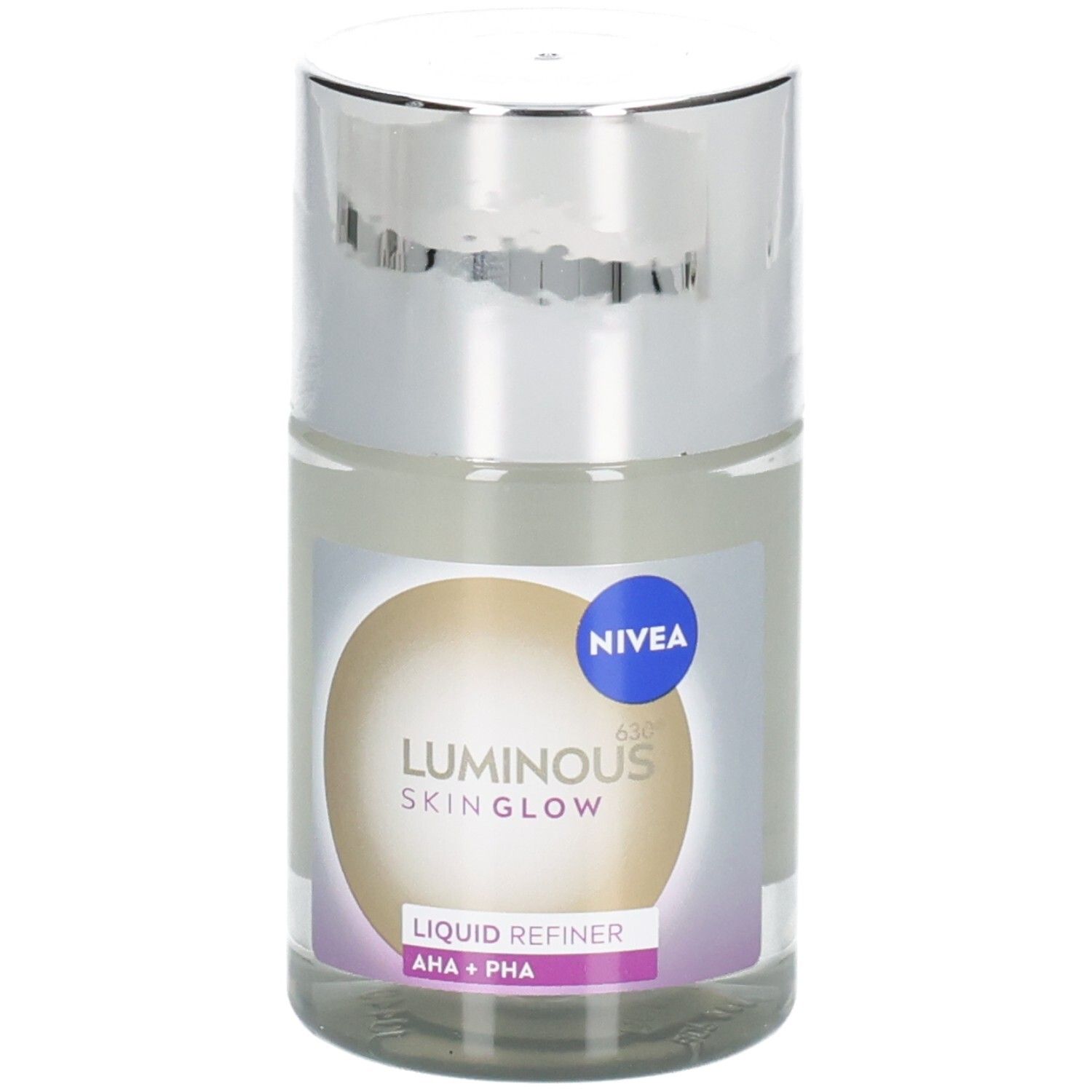 Flüssiger Refiner mit silbernem Deckel. Aufkleber mit NIVEA, LUMINOUS SKIN GLOW und AHA+PHA. Klares Glas.