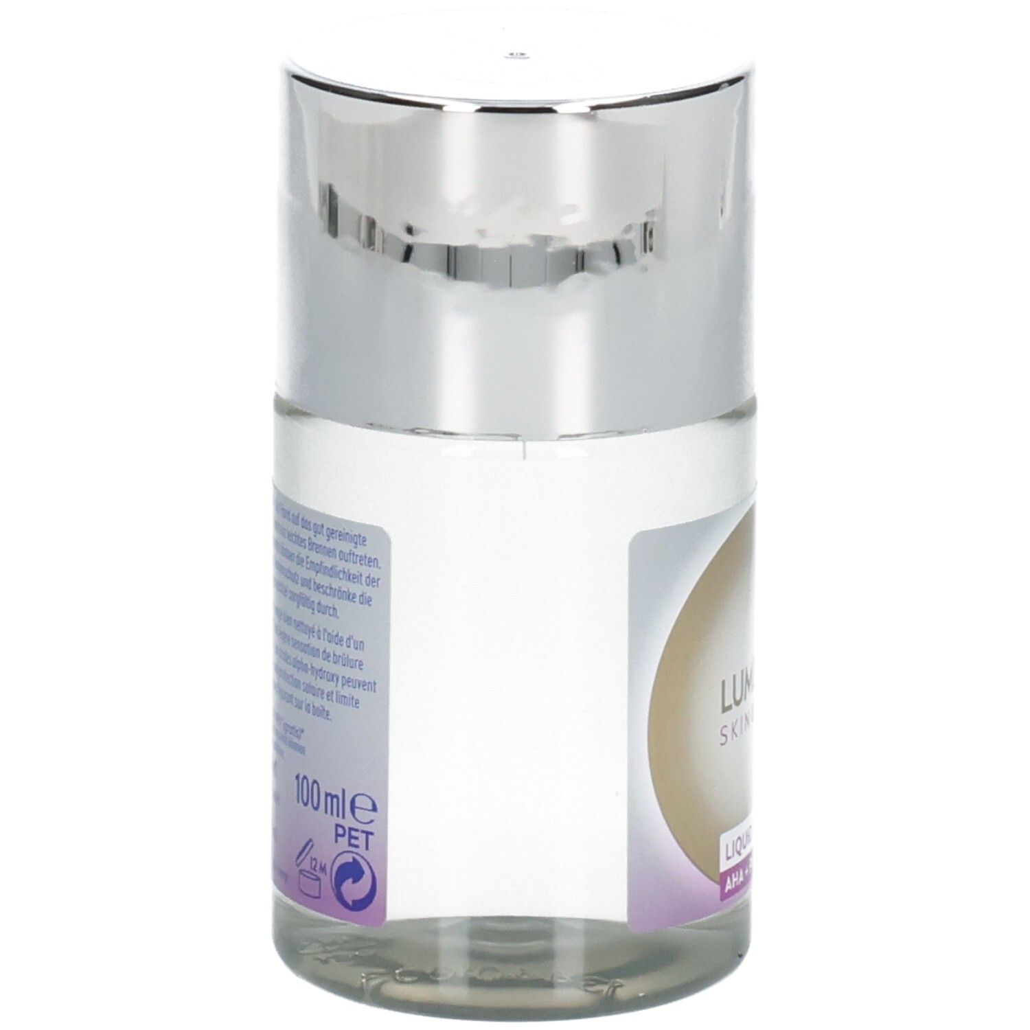 Flüssiger Refiner mit silbernem Deckel. Rückseite mit Text und 100 ml. Klares Glas.