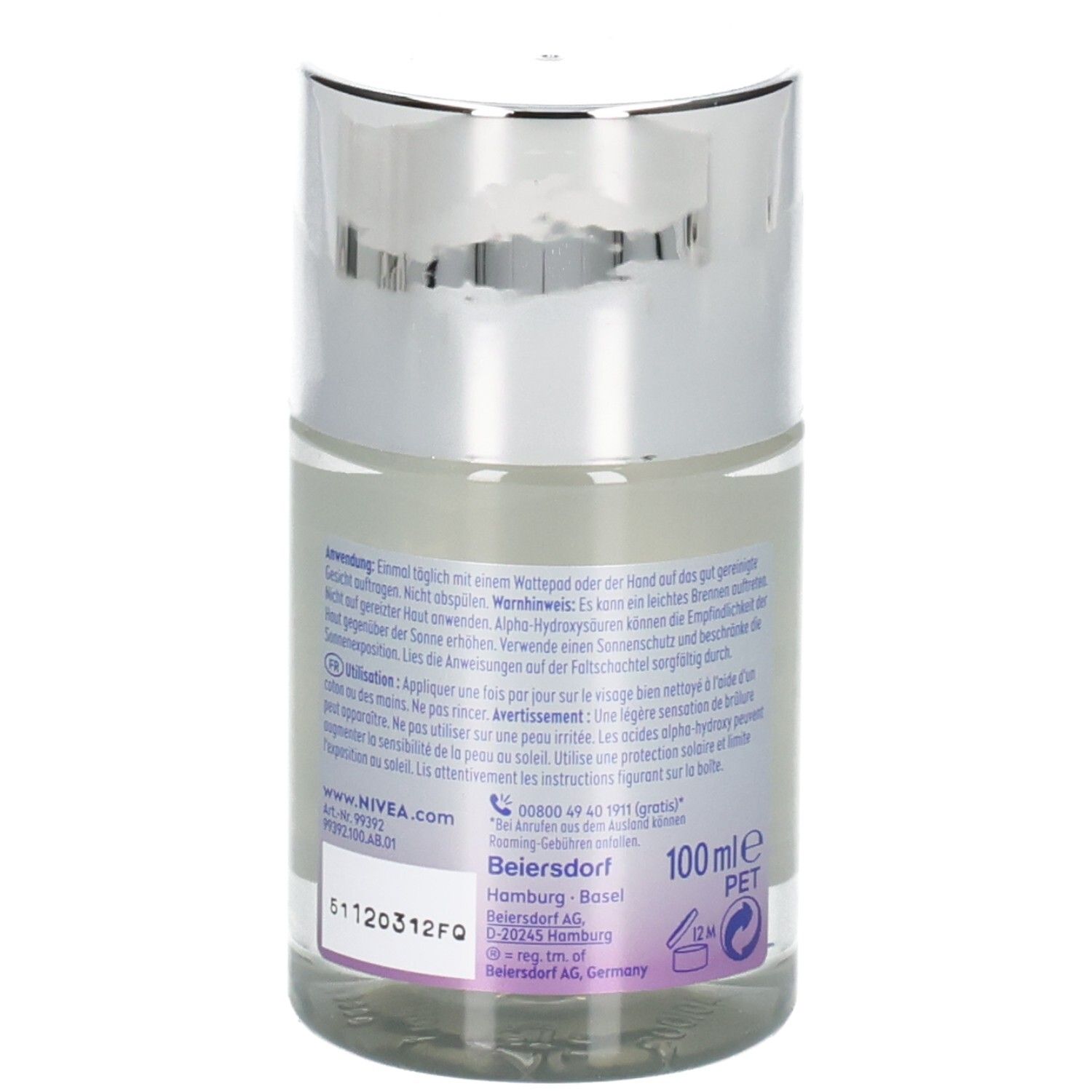 Flüssiger Refiner mit silbernem Deckel. Rückseite mit Text und 100 ml. Klares Glas.