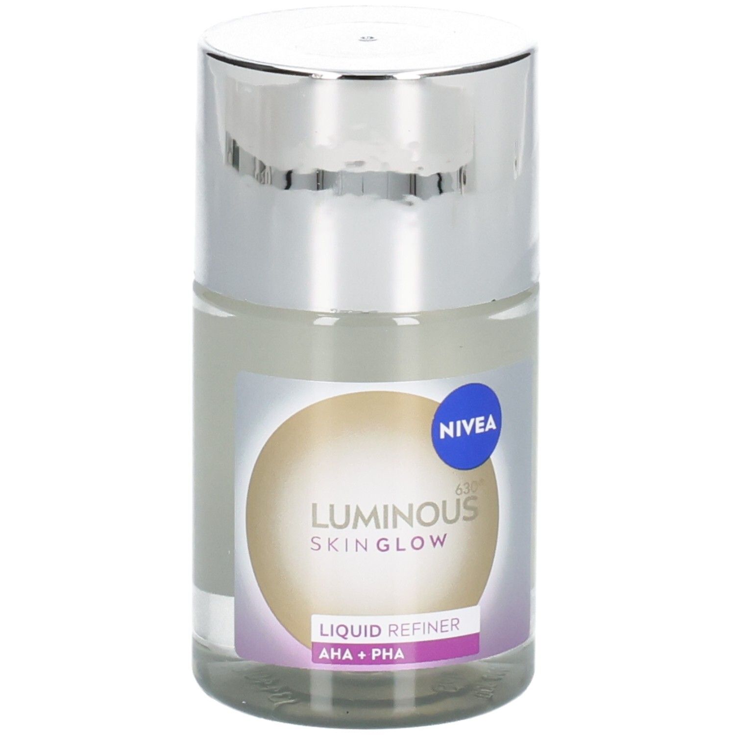Flüssiger Refiner mit silbernem Deckel. Aufkleber mit NIVEA, LUMINOUS SKIN GLOW und AHA+PHA. Klares Glas.