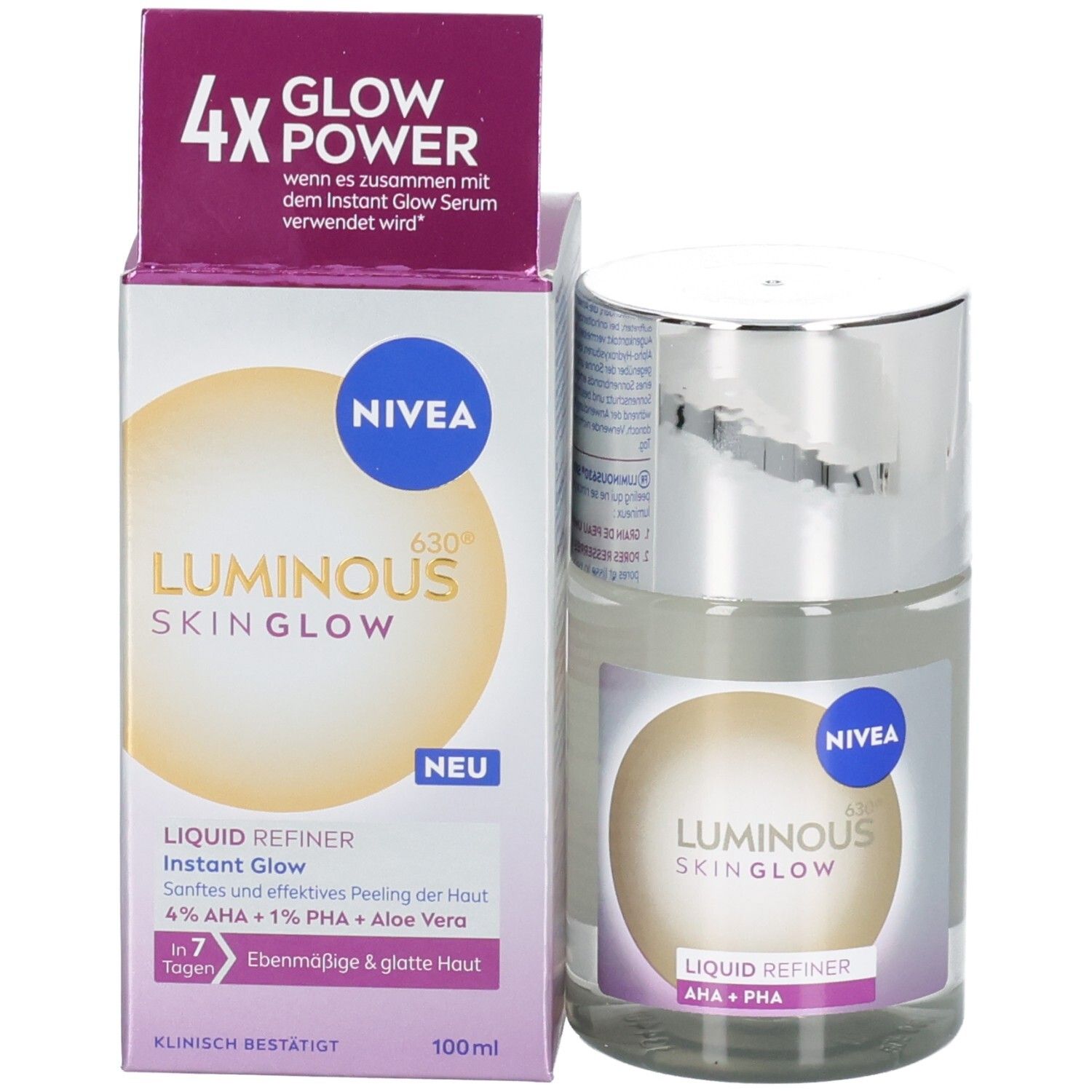 Produkt und Verpackung. NIVEA LUMINOUS SKIN GLOW Liquid Refiner und Karton. 100ml.