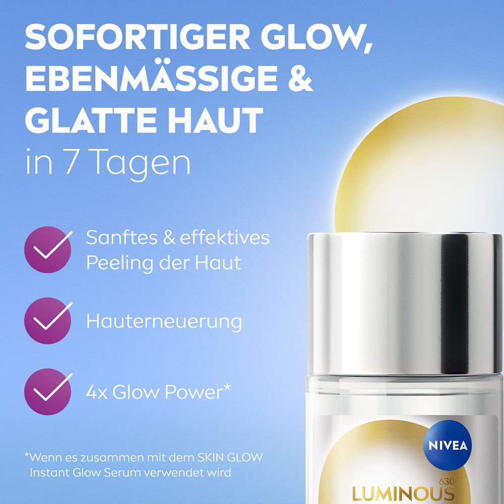 NIVEA LUMINOUS630® Skin Glow Liquid Refiner Flasche. Sofortiger Glow, ebenmässige & glatte Haut in 7 Tagen.