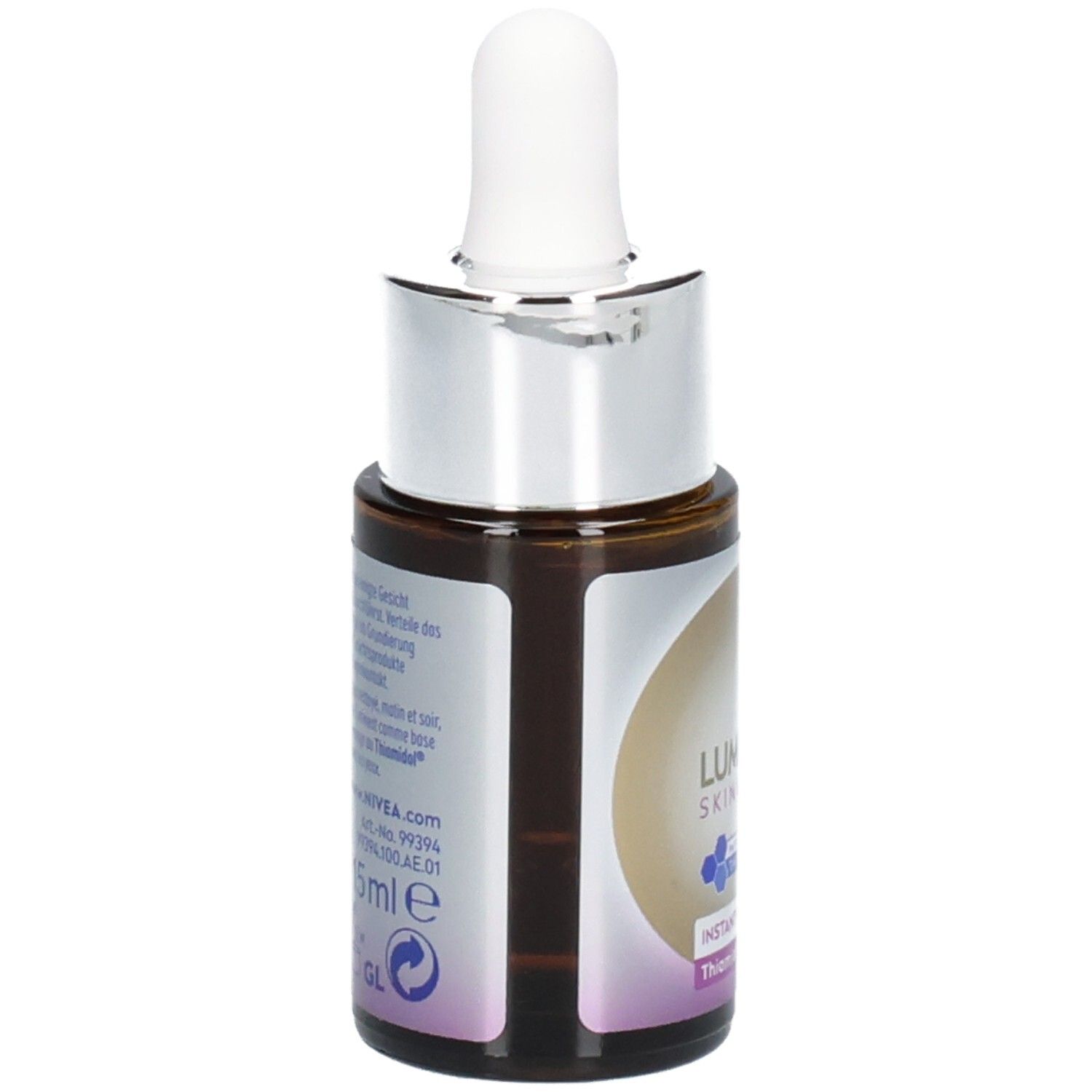 Braune Glasflasche mit silbernem Verschluss und Pipette. Aufkleber mit Produktinformationen. NIVEA Luminous Skin Glow Serum.