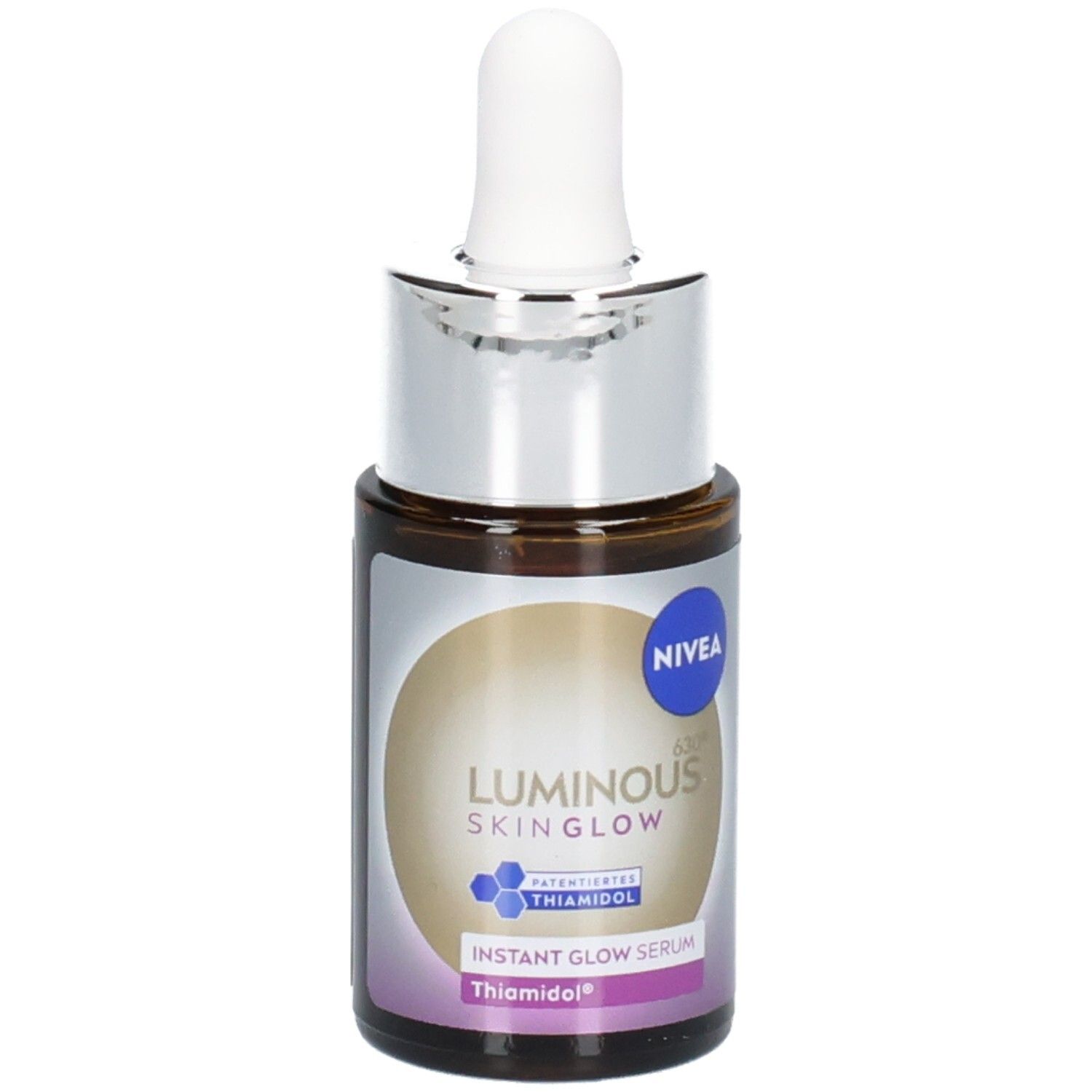 Braune Glasflasche mit silbernem Verschluss und Pipette. Aufkleber mit Produktnamen und Logo. NIVEA Luminous Skin Glow Serum.