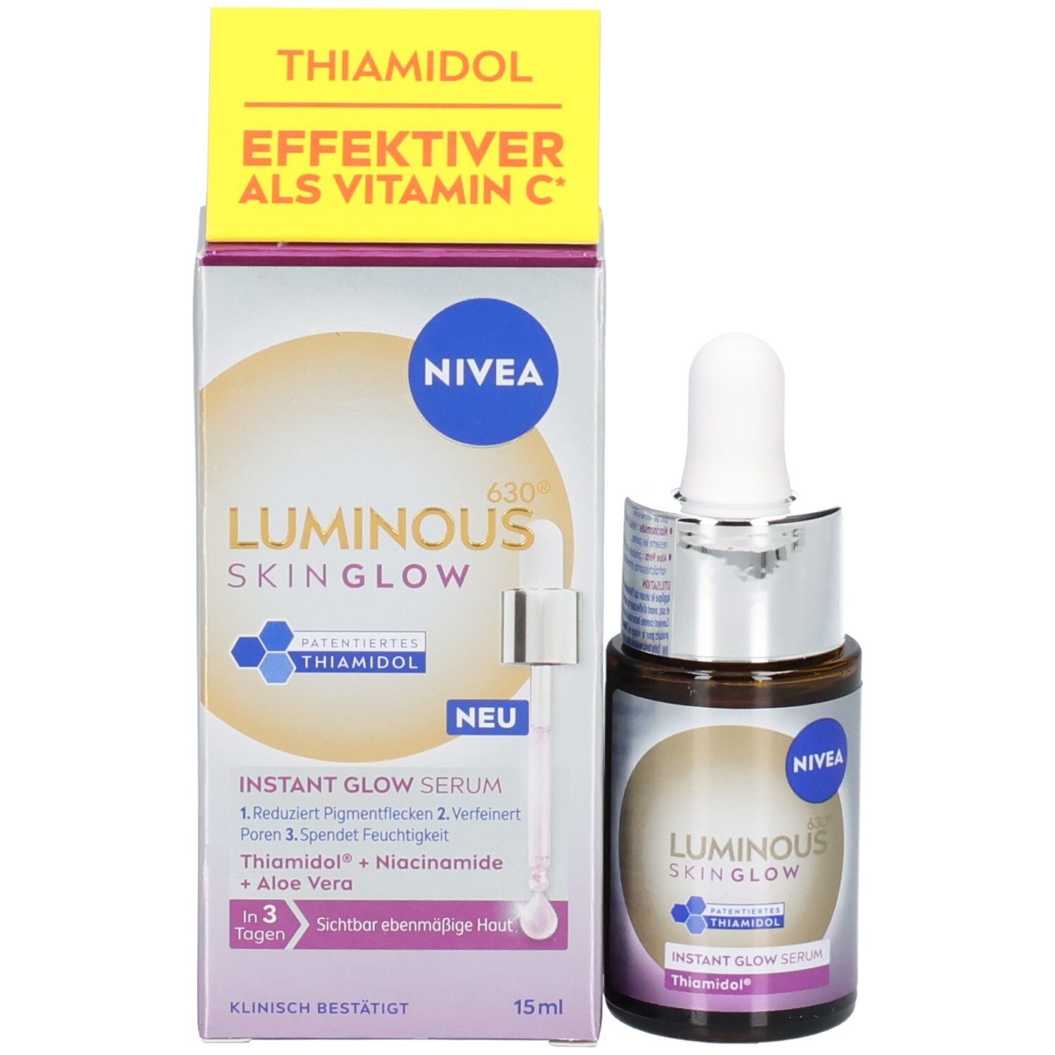 Produktverpackung mit Flasche und Karton. NIVEA Luminous Skin Glow Serum. Karton mit Produktinformationen und Logo.