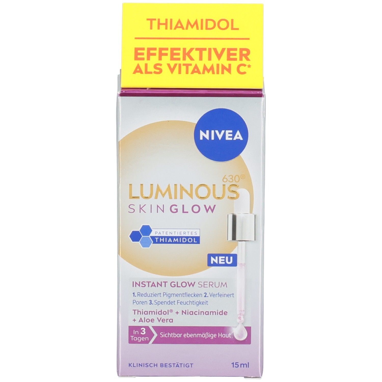 Produktverpackung mit Flasche und Karton. NIVEA Luminous Skin Glow Serum. Karton mit Produktinformationen und Logo.