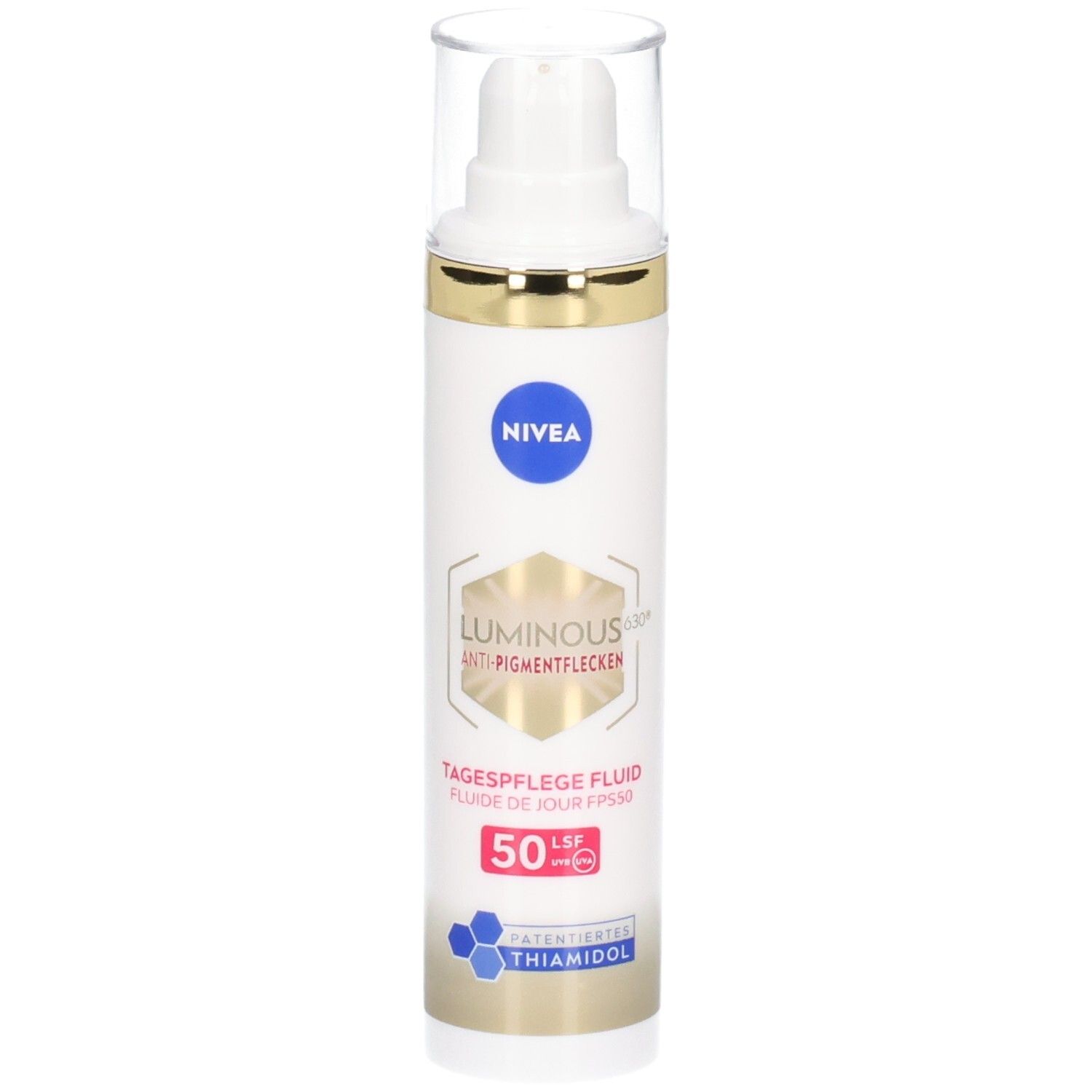 Weißes Fluid mit goldfarbenen Akzenten und transparentem Deckel. Aufschrift: NIVEA, Luminous630, Anti-Pigmentflecken, Tagespflege Fluid LSF 50.
