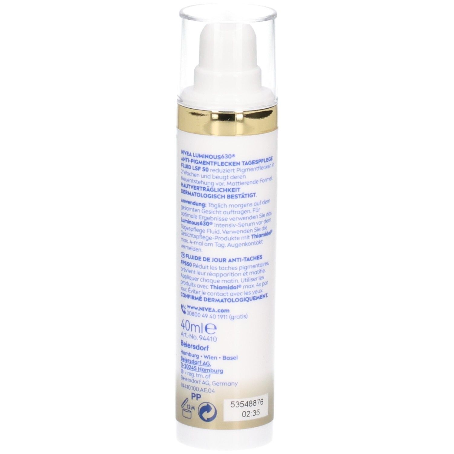 Weißes Fluid mit goldfarbenen Akzenten und transparentem Deckel. Aufschrift: NIVEA, Luminous630, 40ml, Text in Deutsch und Französisch.