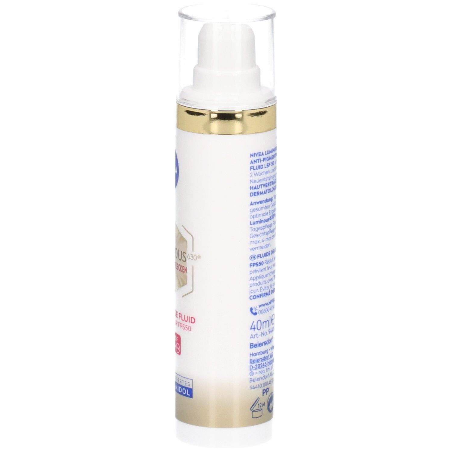 Weißes Fluid mit goldfarbenen Akzenten und transparentem Deckel. Aufschrift: NIVEA, Luminous630, Tagespflege Fluid, 40ml.