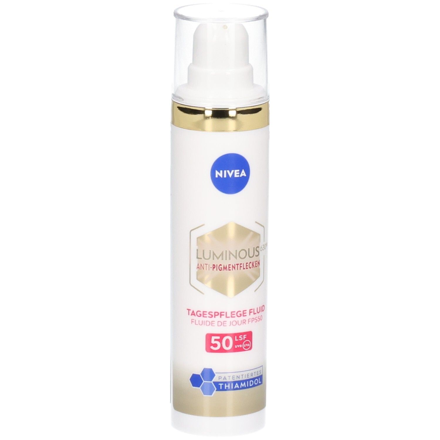 Weißes Fluid mit goldfarbenen Akzenten und transparentem Deckel. Aufschrift: NIVEA, Luminous630, Anti-Pigmentflecken, Tagespflege Fluid LSF 50.