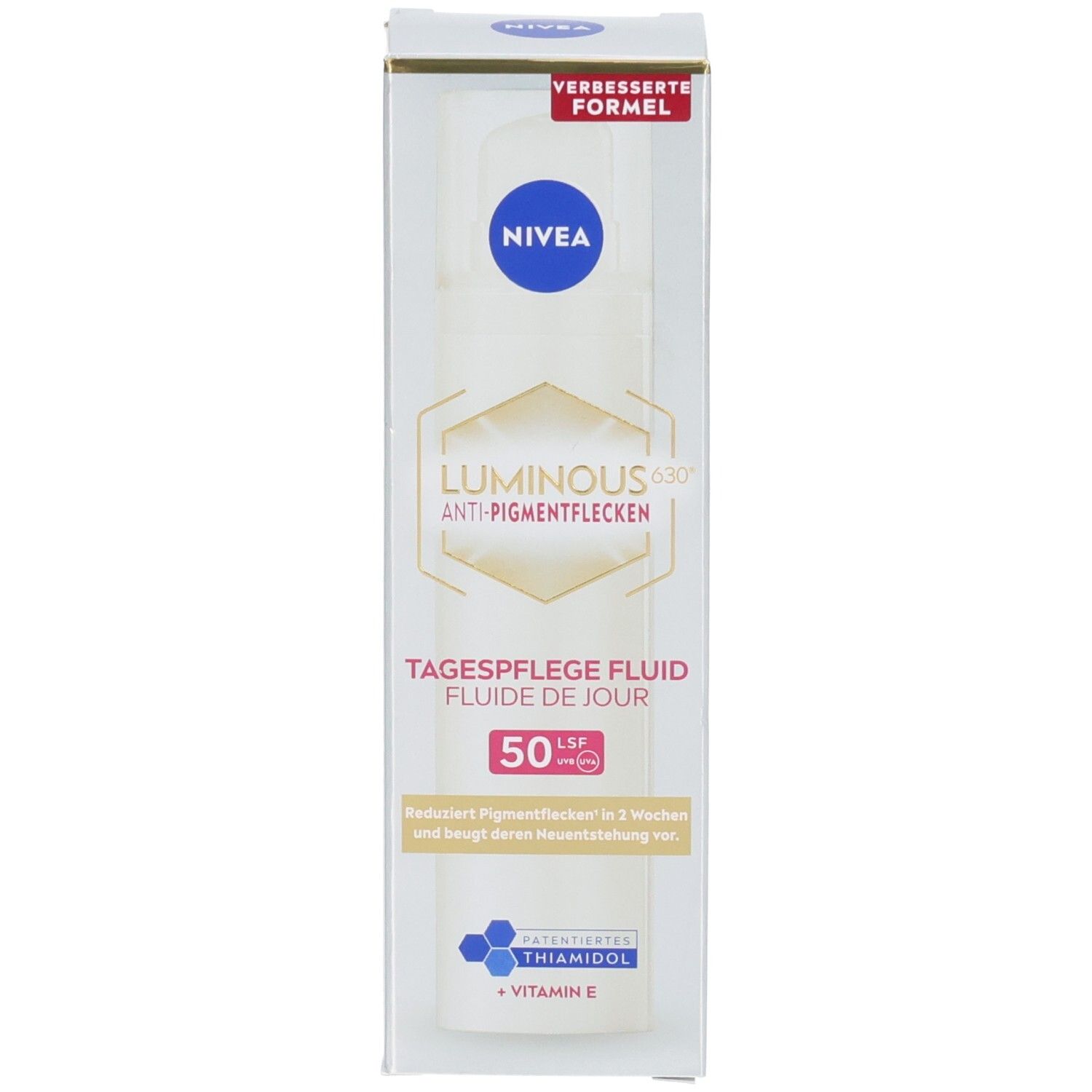 Produkt und Verpackung. Aufschrift: NIVEA, Luminous630, Anti-Pigmentflecken, Tagespflege Fluid LSF 50. Verpackung mit Text.