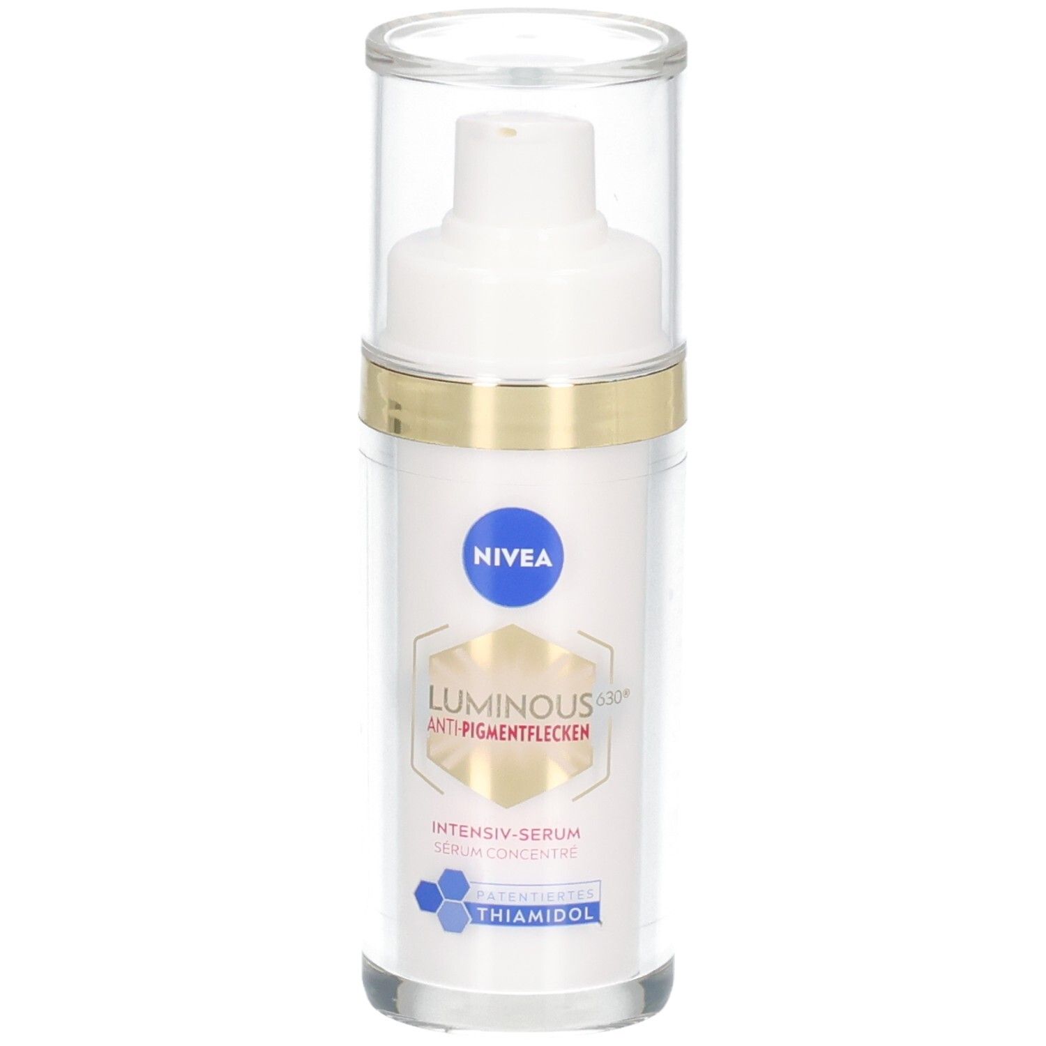 Weißes Serumfläschchen mit transparentem Deckel. Goldener Ring. Aufschrift: NIVEA, LUMINOUS630, Anti-Pigmentflecken, Intensiv-Serum.