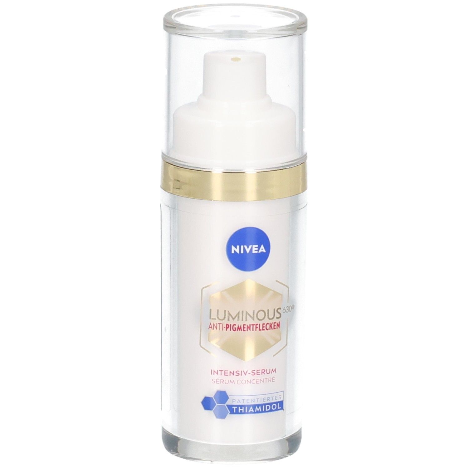 Weißes Serumfläschchen mit transparentem Deckel. Goldener Ring. Aufschrift: NIVEA, LUMINOUS630, Anti-Pigmentflecken, Intensiv-Serum.