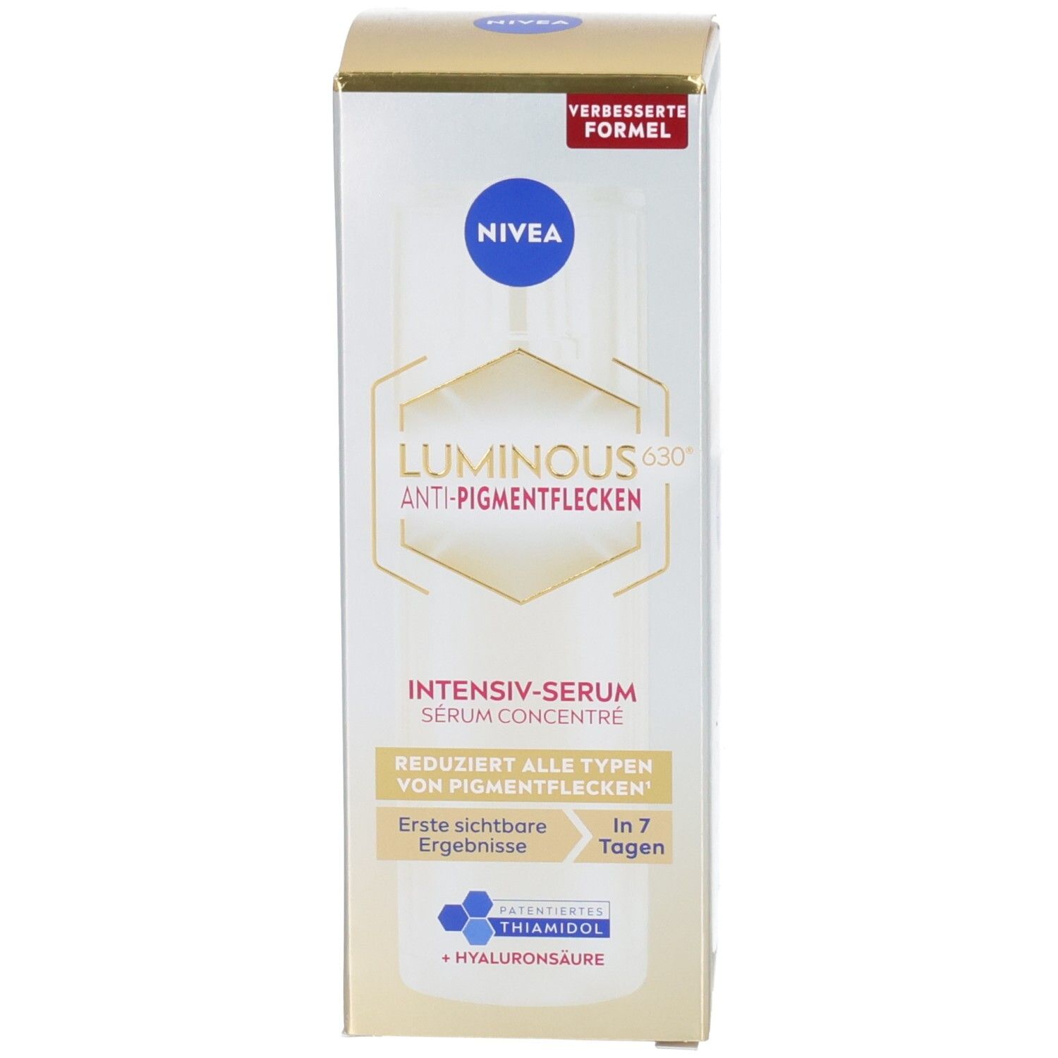 Verpackung. Aufschrift: NIVEA, LUMINOUS630, Anti-Pigmentflecken, Intensiv-Serum. Reduziert alle Arten von Pigmentflecken.