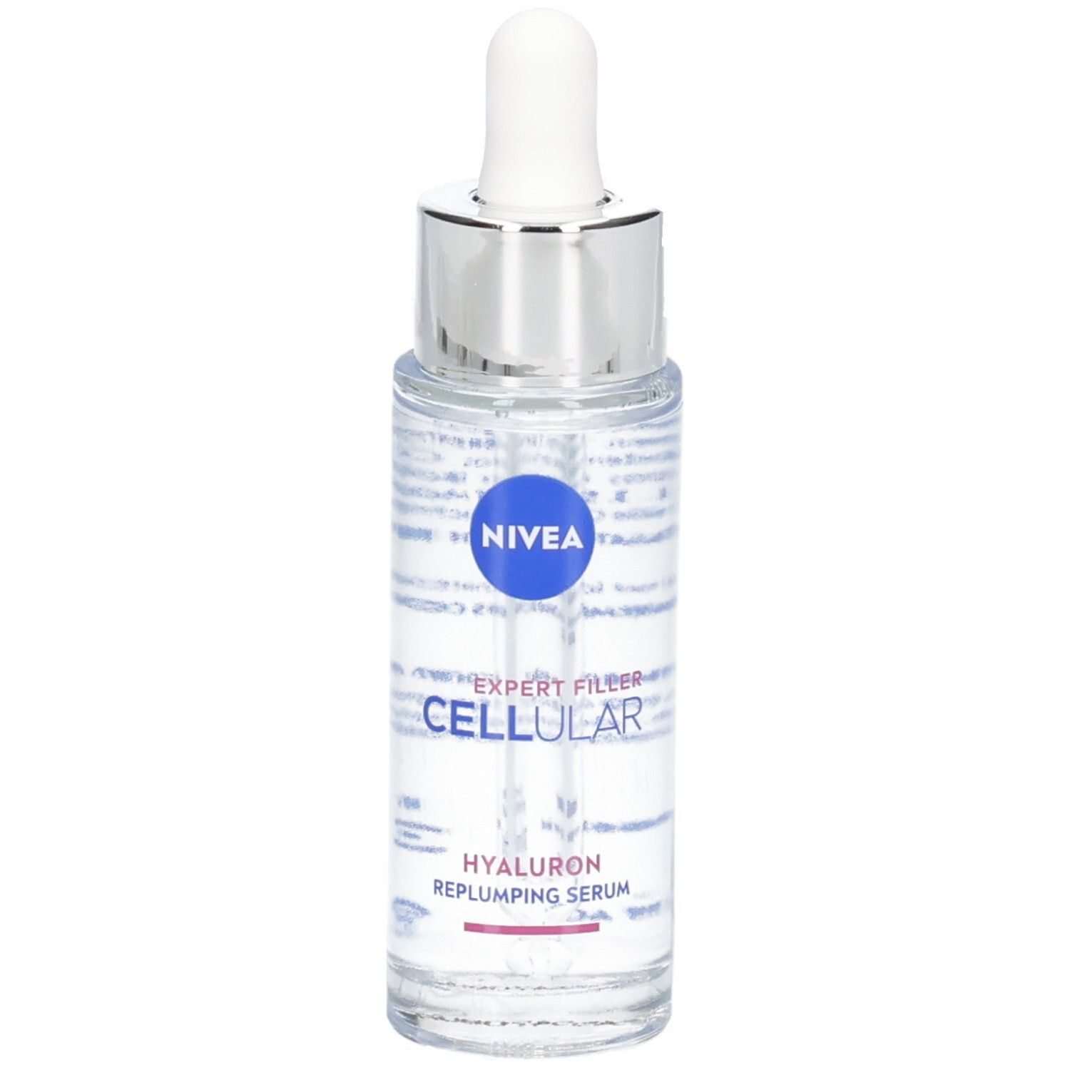 Klare Serumflasche mit Pipette. Blauer Aufkleber mit NIVEA-Logo. Text: EXPERT FILLER CELLULAR HYALURON Replumping Serum.