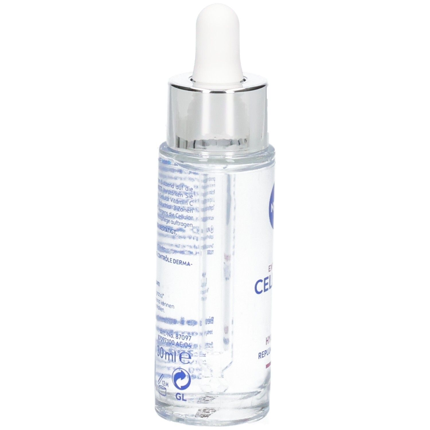 Serumflasche, Seitenansicht. Text: EXPERT FILLER CELLULAR. Aufschrift: 30 ml. Weitere Texte und Logos auf dem Etikett.