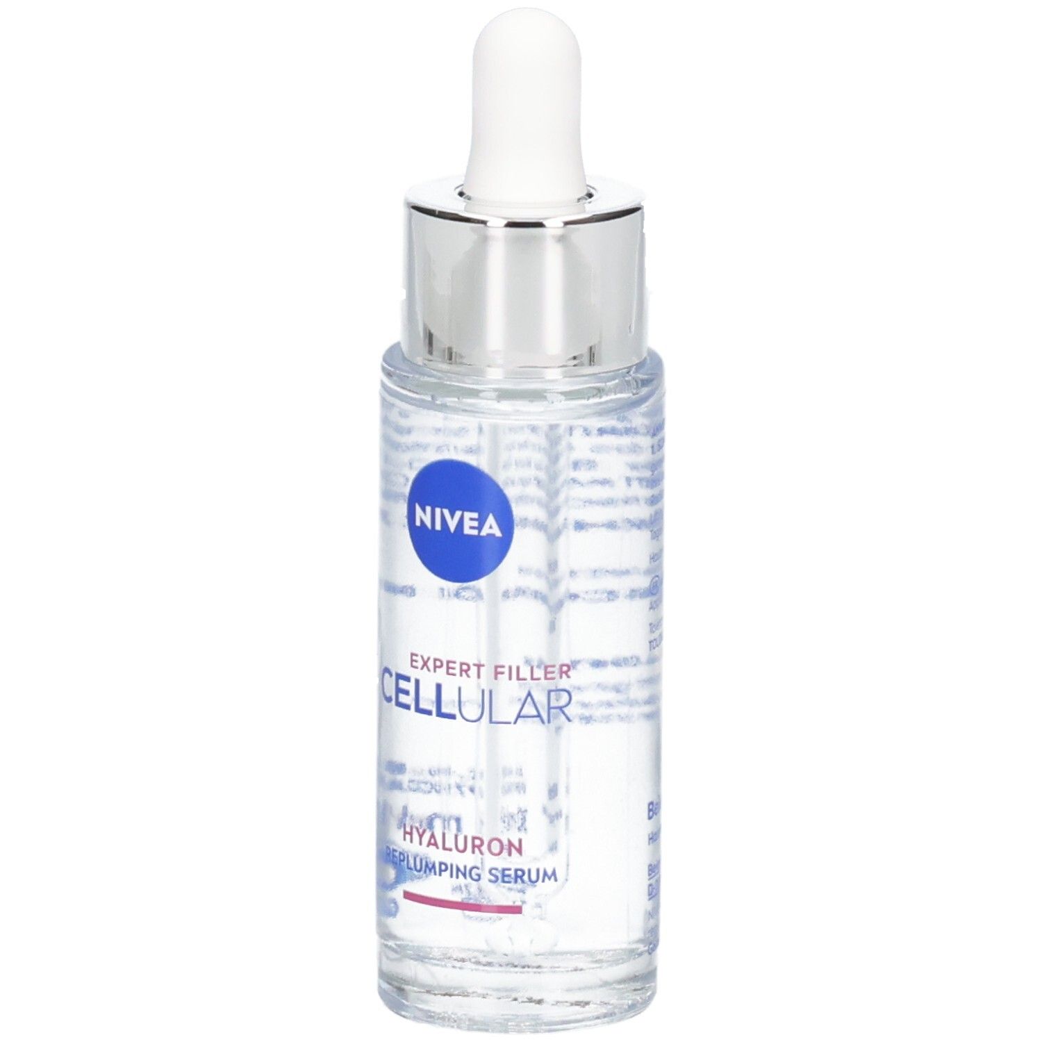 Klare Serumflasche mit Pipette. Blauer Aufkleber mit NIVEA-Logo. Text: EXPERT FILLER CELLULAR HYALURON Replumping Serum.