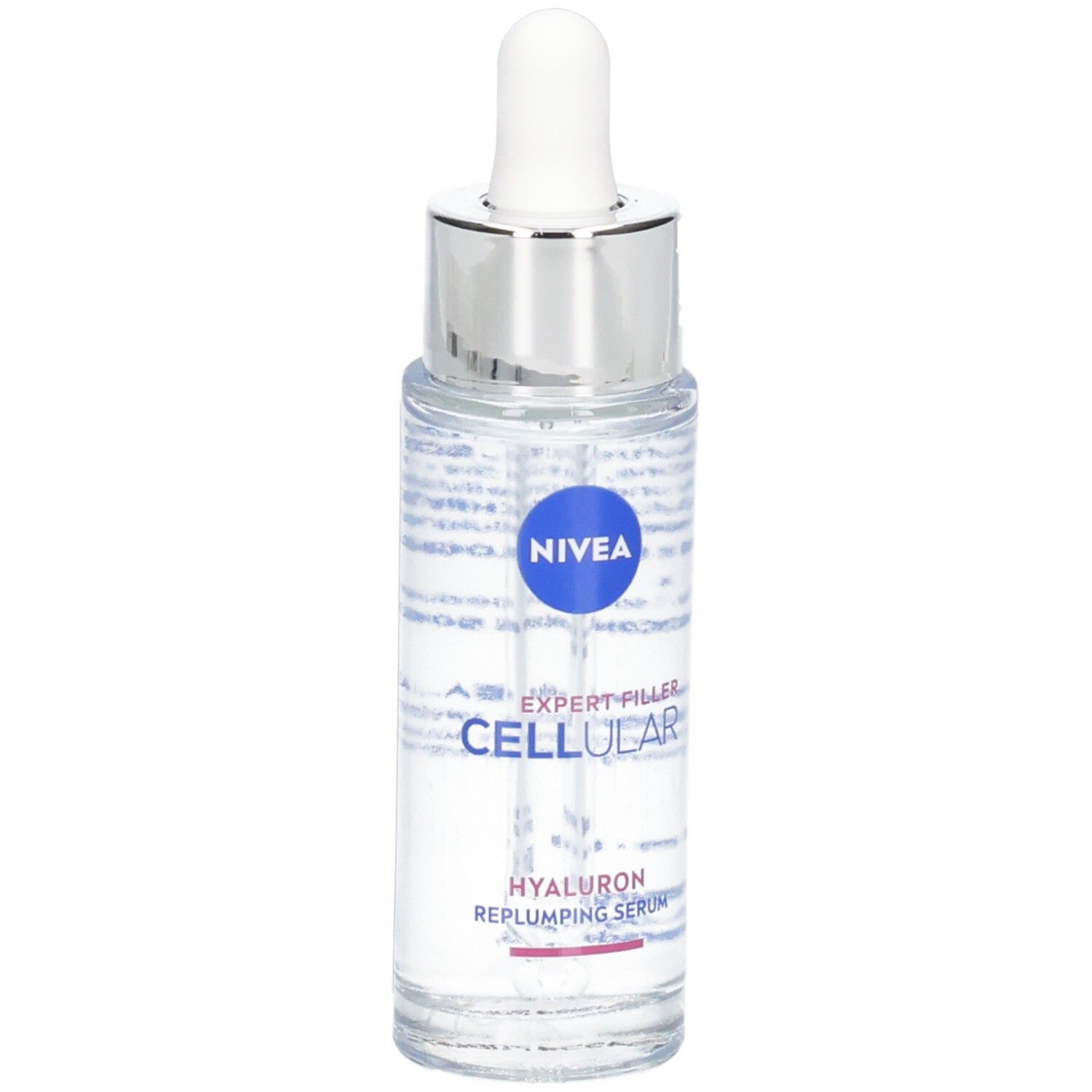 Klare Serumflasche mit Pipette. Blauer Aufkleber mit NIVEA-Logo. Text: EXPERT FILLER CELLULAR HYALURON Replumping Serum.