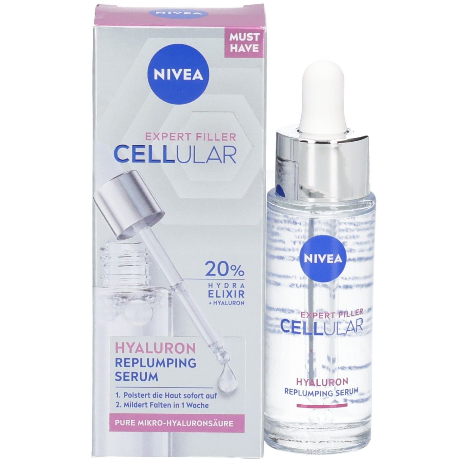 Produktverpackung und Serumflasche. Verpackung mit NIVEA-Logo und Produktnamen. Serumflasche mit Pipette.