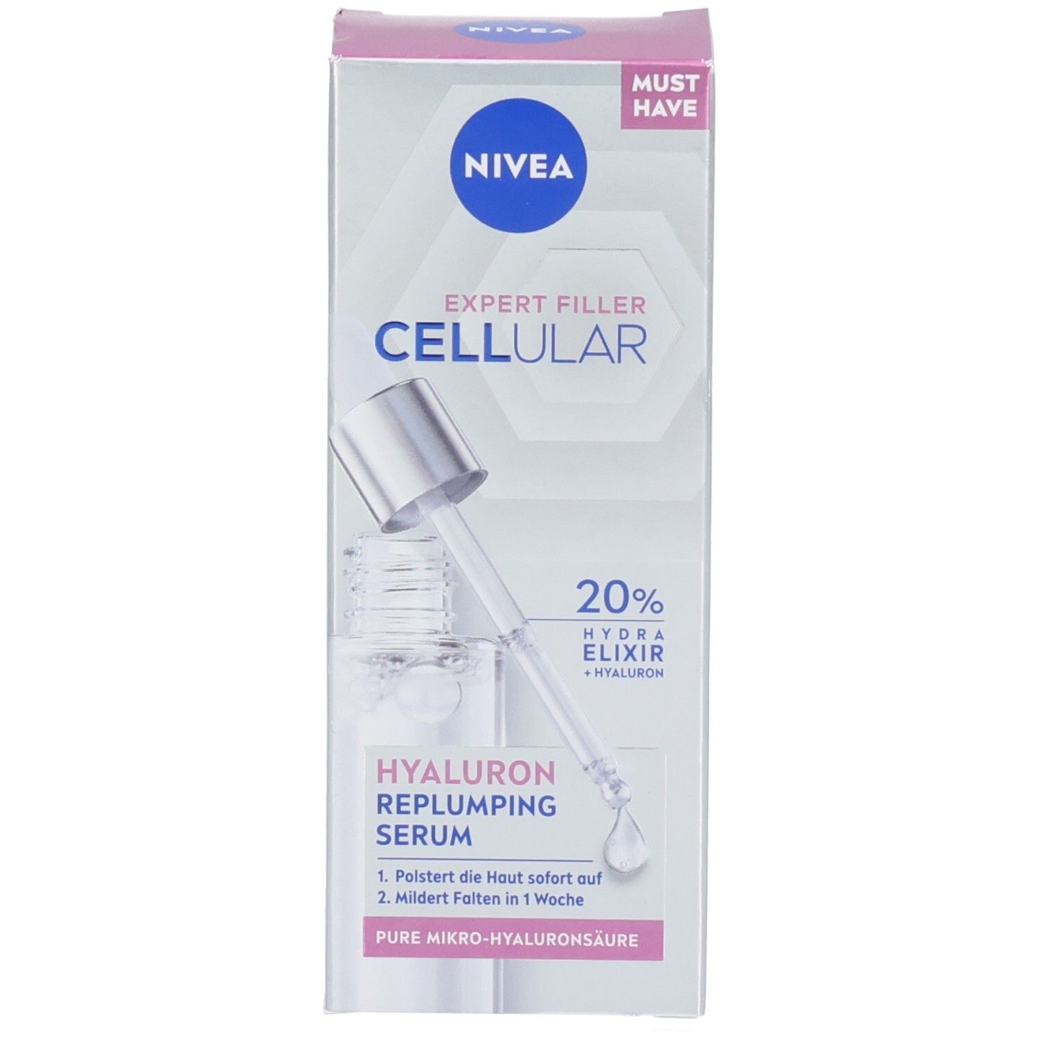 Produktverpackung und Serumflasche. Verpackung mit NIVEA-Logo und Produktnamen. Serumflasche mit Pipette.