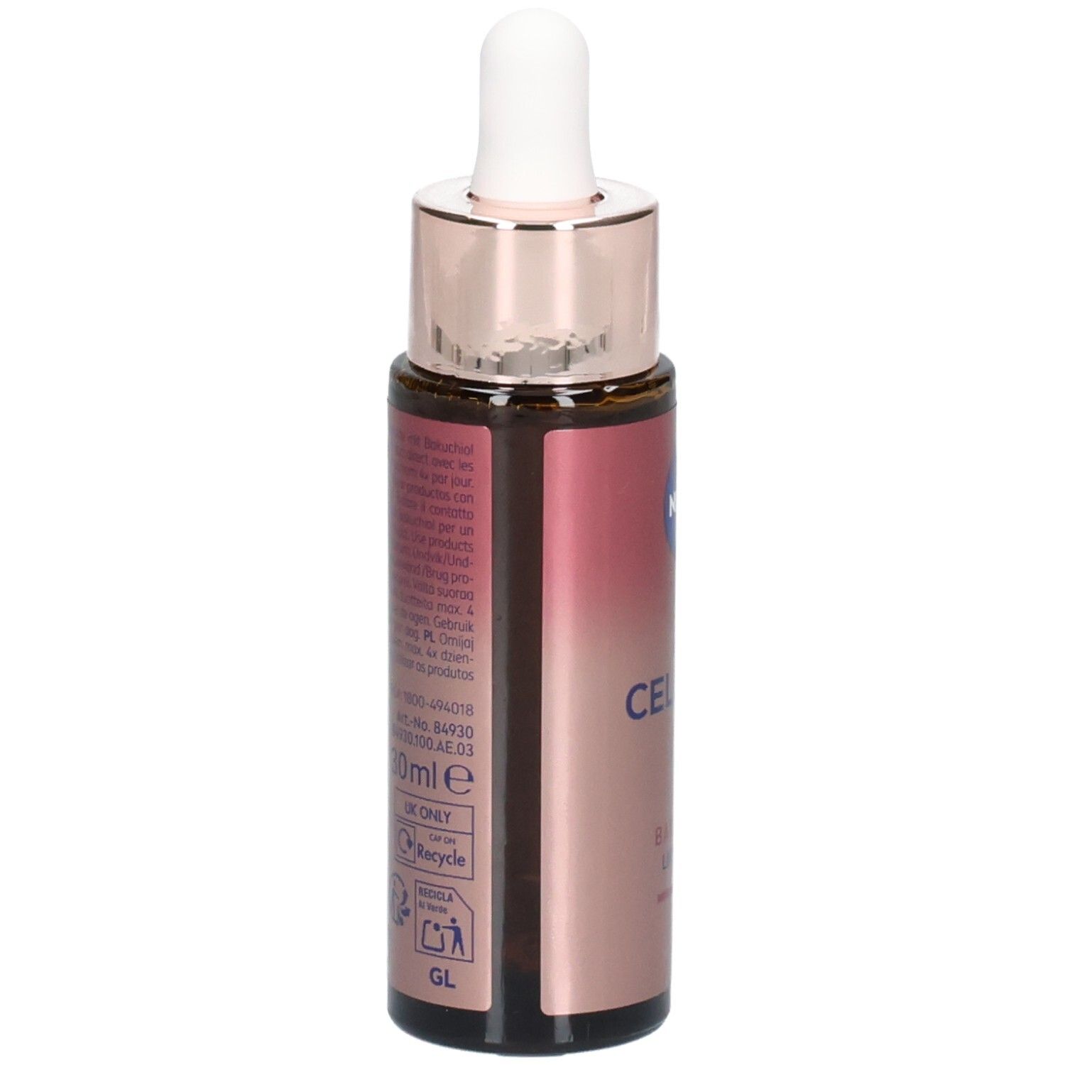 Rückseite der braunen Glasflasche. Text mit Produktinformationen. NIVEA CELLULAR Expert Lift Bakuchiol Lift Serum.