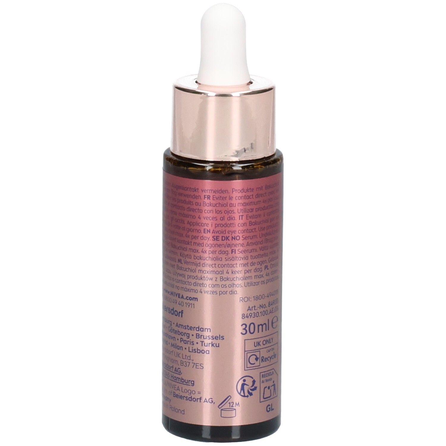 Rückseite der braunen Glasflasche. Text mit Produktinformationen. NIVEA CELLULAR Expert Lift Bakuchiol Lift Serum.