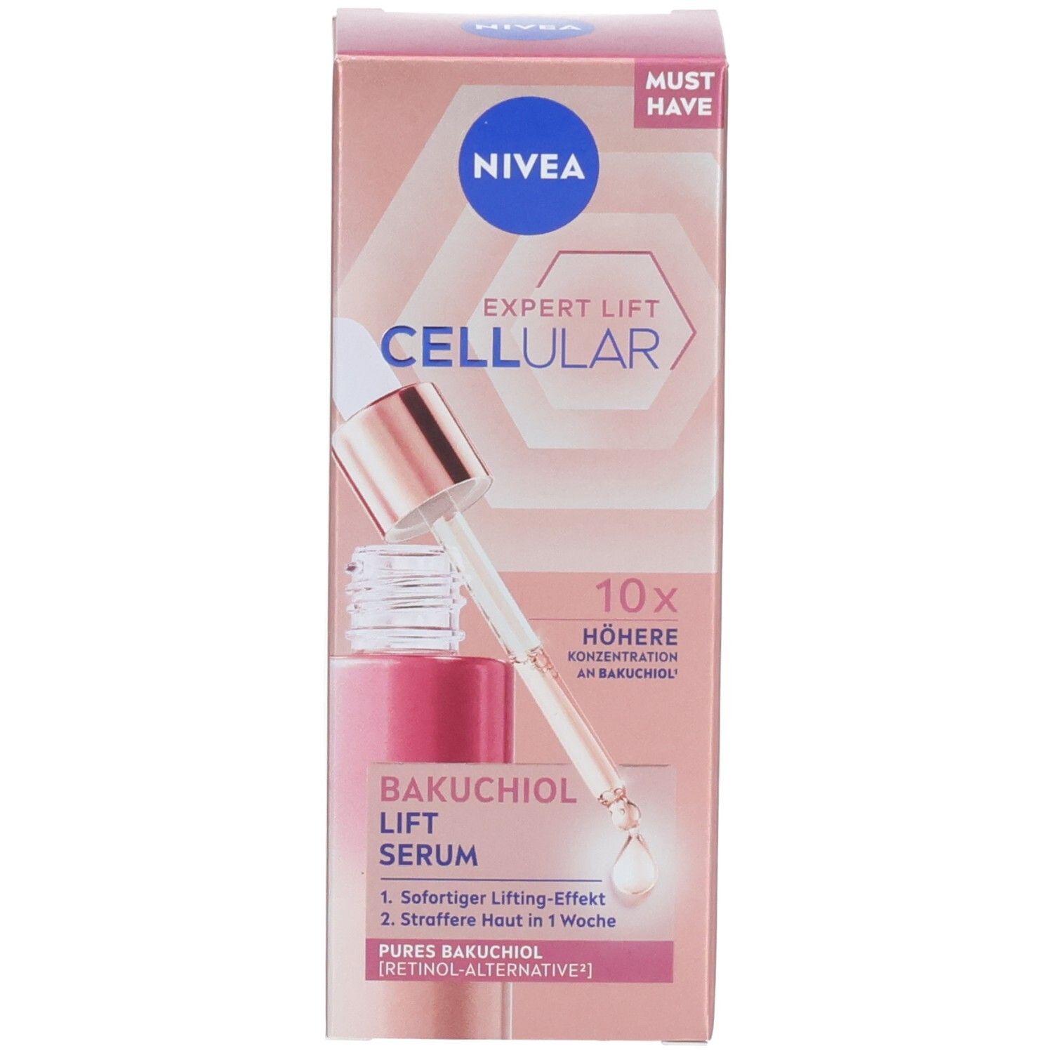Produkt und Verpackung. NIVEA CELLULAR Expert Lift Serum und Karton. Mit Tropfer. Rosa und weiß.