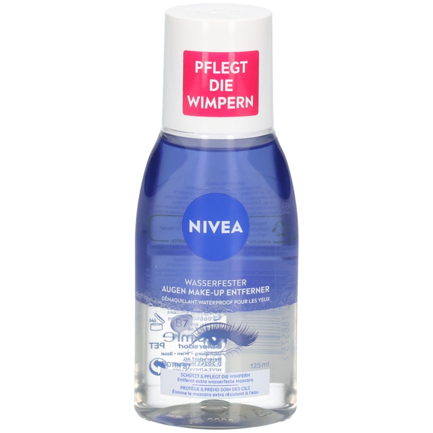 NIVEA Augen Make-Up Entferner. Blaue Flüssigkeit in einer transparenten Flasche mit weißem Deckel. Rotes Etikett mit Text.