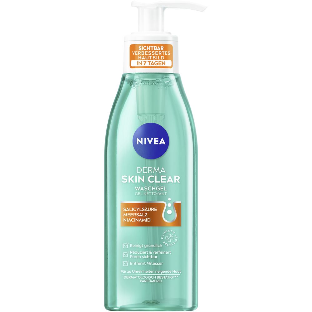 NIVEA DERMA SKIN CLEAR Waschgel in durchsichtiger Flasche mit Pumpspender. Enthält Salicylsäure, Meersalz und Niacinamid.