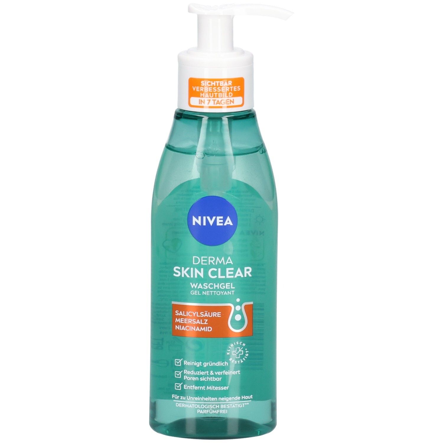 Transparente Flasche mit blau-grünem Gel. Weißer Pumpkopf. Orangefarbene und blaue Etiketten mit Produktinformationen und Logo.