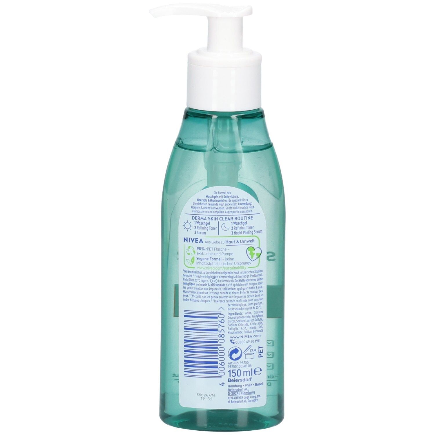 Rückansicht einer transparenten Flasche mit blau-grünem Gel. Weißer Pumpkopf. Etikett mit Produktinformationen und Barcode.