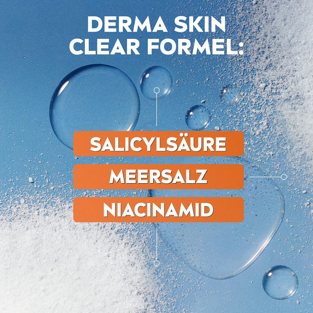 NIVEA DERMA SKIN CLEAR Waschgel in durchsichtiger Flasche mit Pumpspender. Enthält Salicylsäure, Meersalz und Niacinamid.
