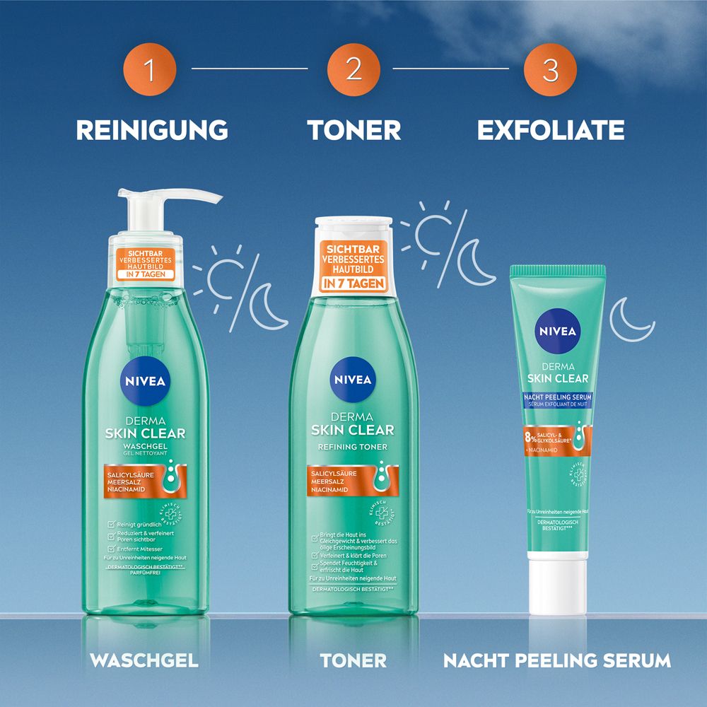 NIVEA DERMA SKIN CLEAR Waschgel in durchsichtiger Flasche mit Pumpspender. Enthält Salicylsäure, Meersalz und Niacinamid.
