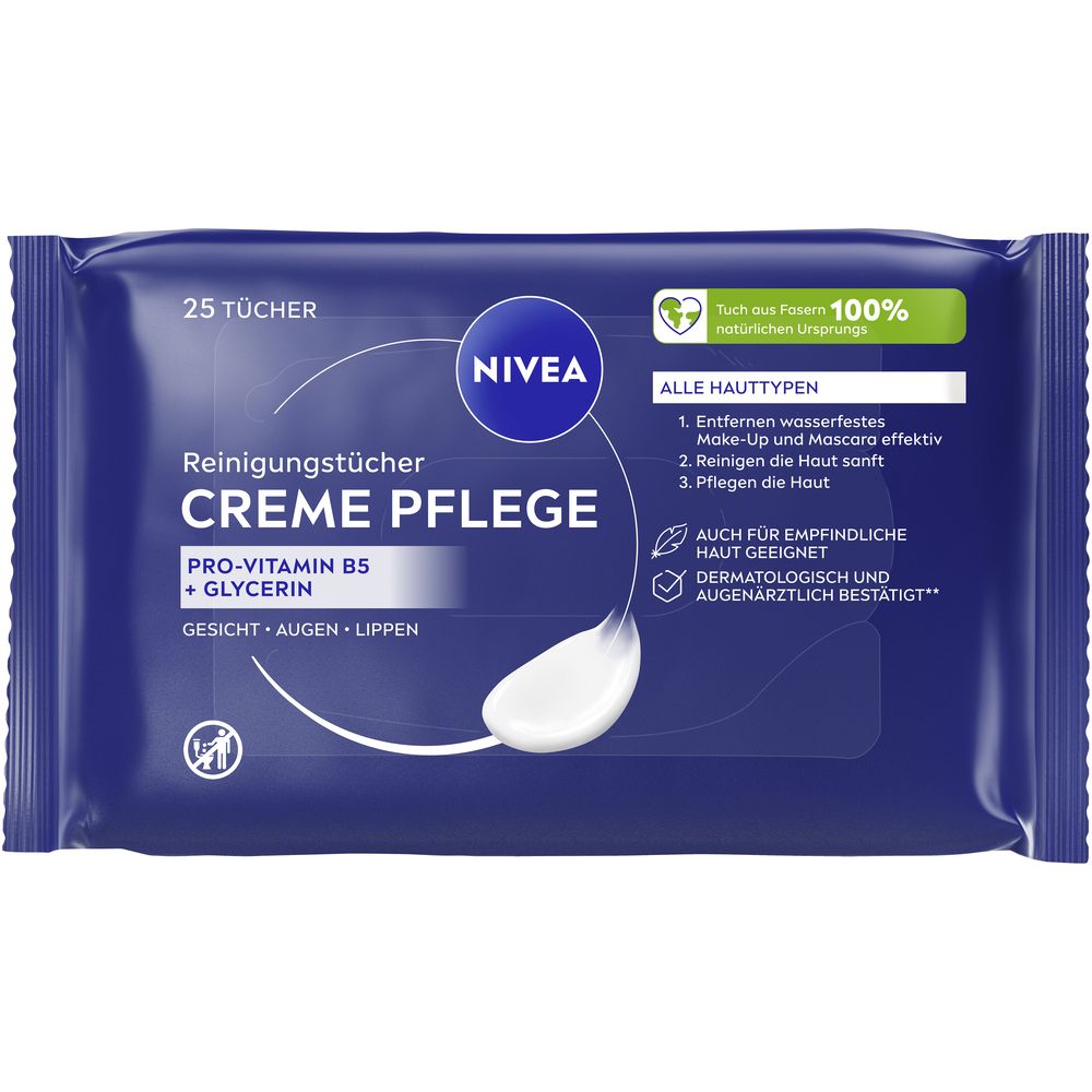 Blaues Paket mit 25 Reinigungstüchern. NIVEA Reinigungstücher Creme Pflege. Enthält Pro-Vitamin B5 + Glycerin.