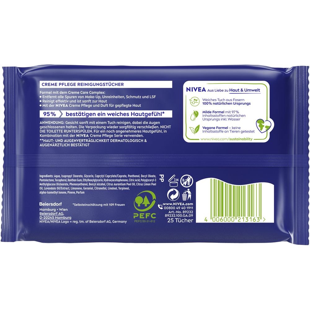 Rückseite des blauen Pakets mit 25 Reinigungstüchern. NIVEA Creme Pflege. Informationen zu Inhaltsstoffen und Umwelt.