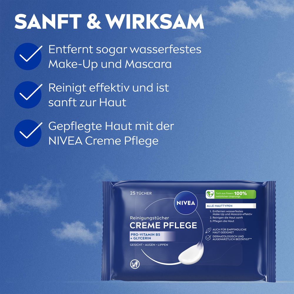 Text mit blauen Häkchen: Entfernt Make-up, reinigt sanft, pflegt die Haut. NIVEA Creme Pflege. 25 Tücher.