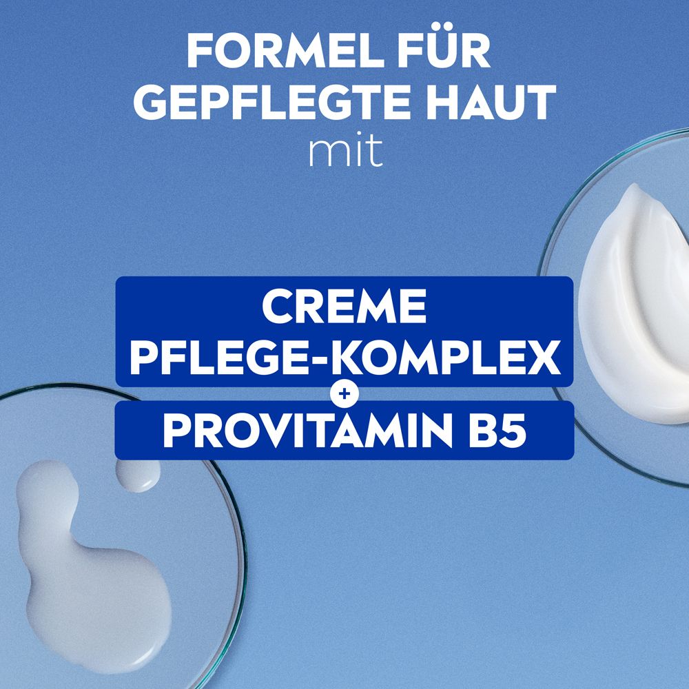 Text: Formel für gepflegte Haut mit Creme Pflege-Komplex + Pro-Vitamin B5. Abgebildet: Tropfen und Creme.