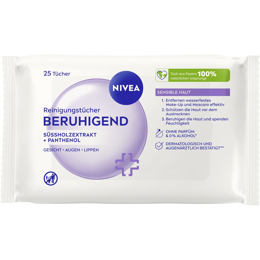 Weiße Verpackung mit NIVEA-Reinigungstüchern. Text: Beruhigend, Süßholzextrakt + Panthenol. 25 Tücher. Für sensible Haut.
