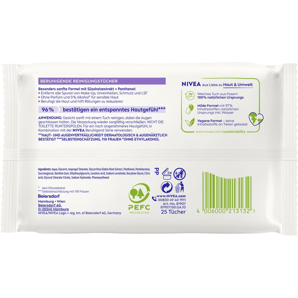 Rückseite der NIVEA Reinigungstücher-Verpackung. Text: Beruhigende Reinigungstücher. Inhaltsstoffe, Anwendungshinweise, Umweltinformationen.