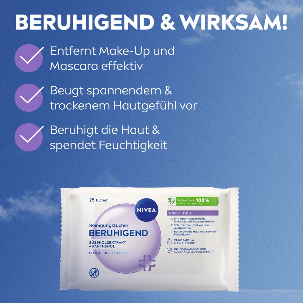 Produktverpackung mit Text: Beruhigend & Wirksam! Entfernt Make-Up, beugt trockenem Hautgefühl vor, beruhigt die Haut.