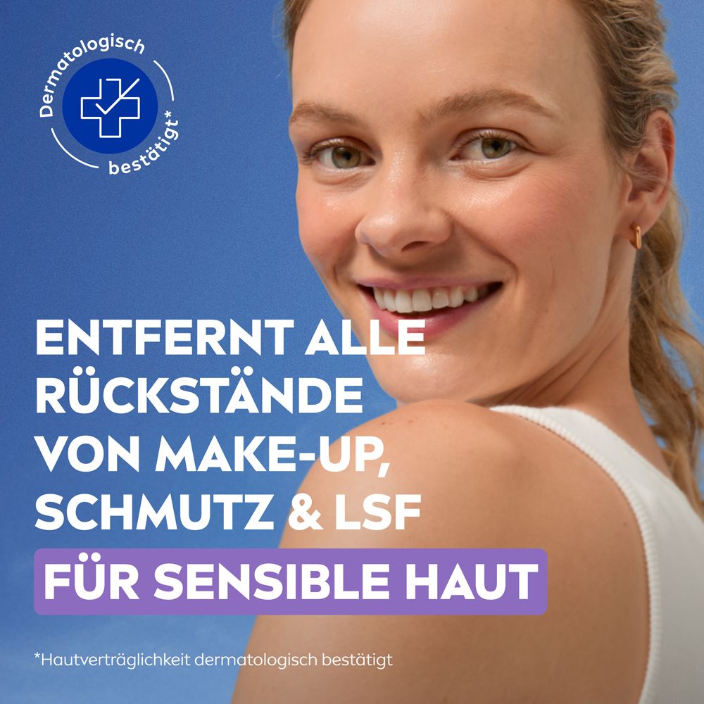 Frau mit Haut. Text: Entfernt alle Rückstände von Make-Up, Schmutz & LSF. Für sensible Haut. Dermatologisch bestätigt.